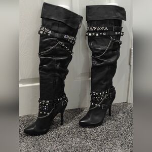 NWT Zigi Black Leather Studded Knee-High Boots, Size 9